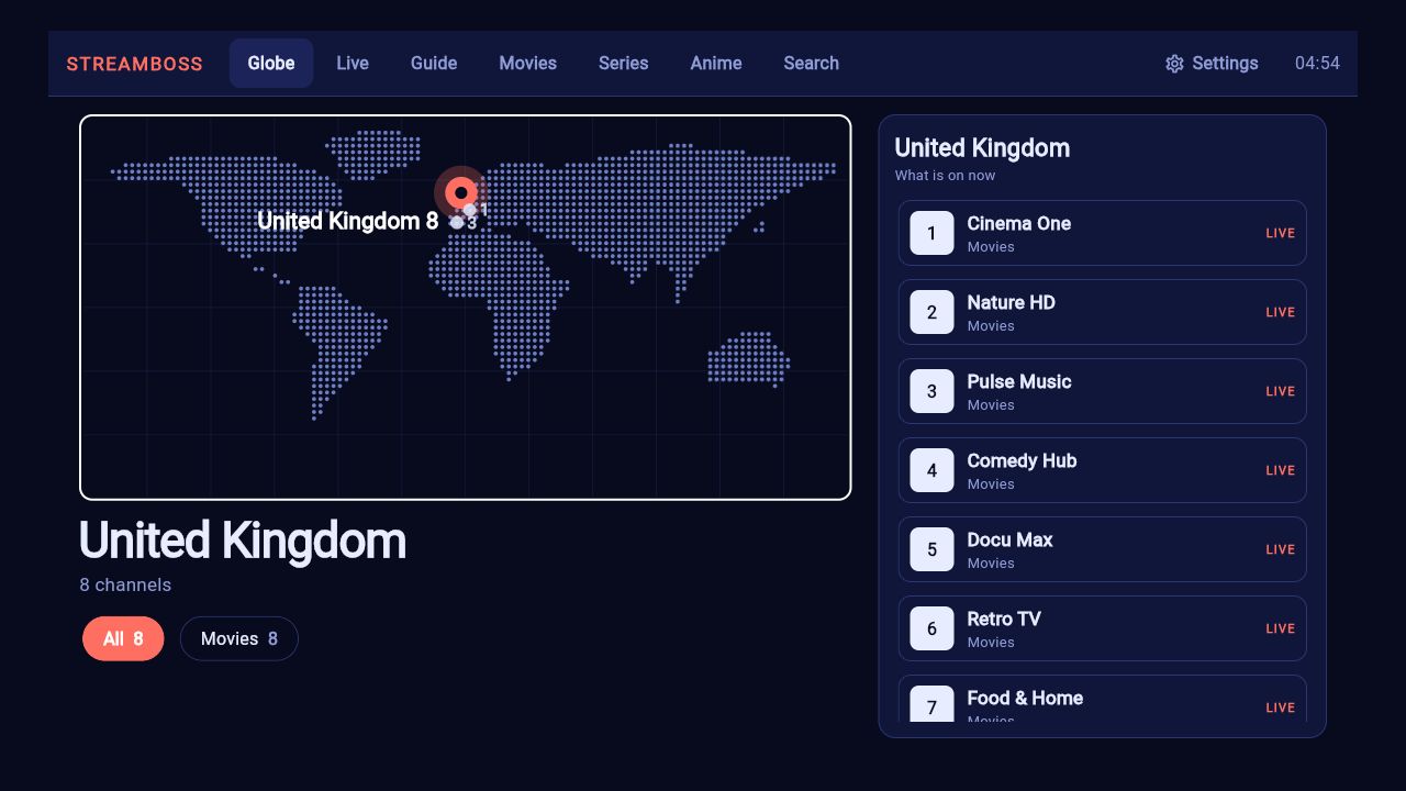 The Globe layout: live TV by country on a dotted map