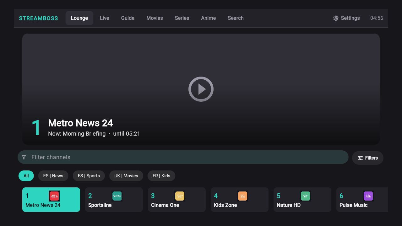 The Lounge layout: a live channel on top and a strip to surf