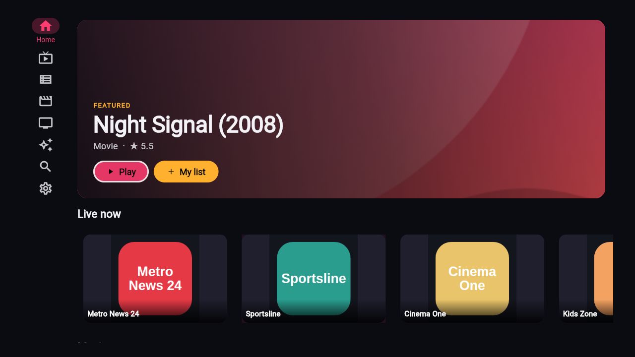 StreamBoss on a TV: a featured film and a row of live channels